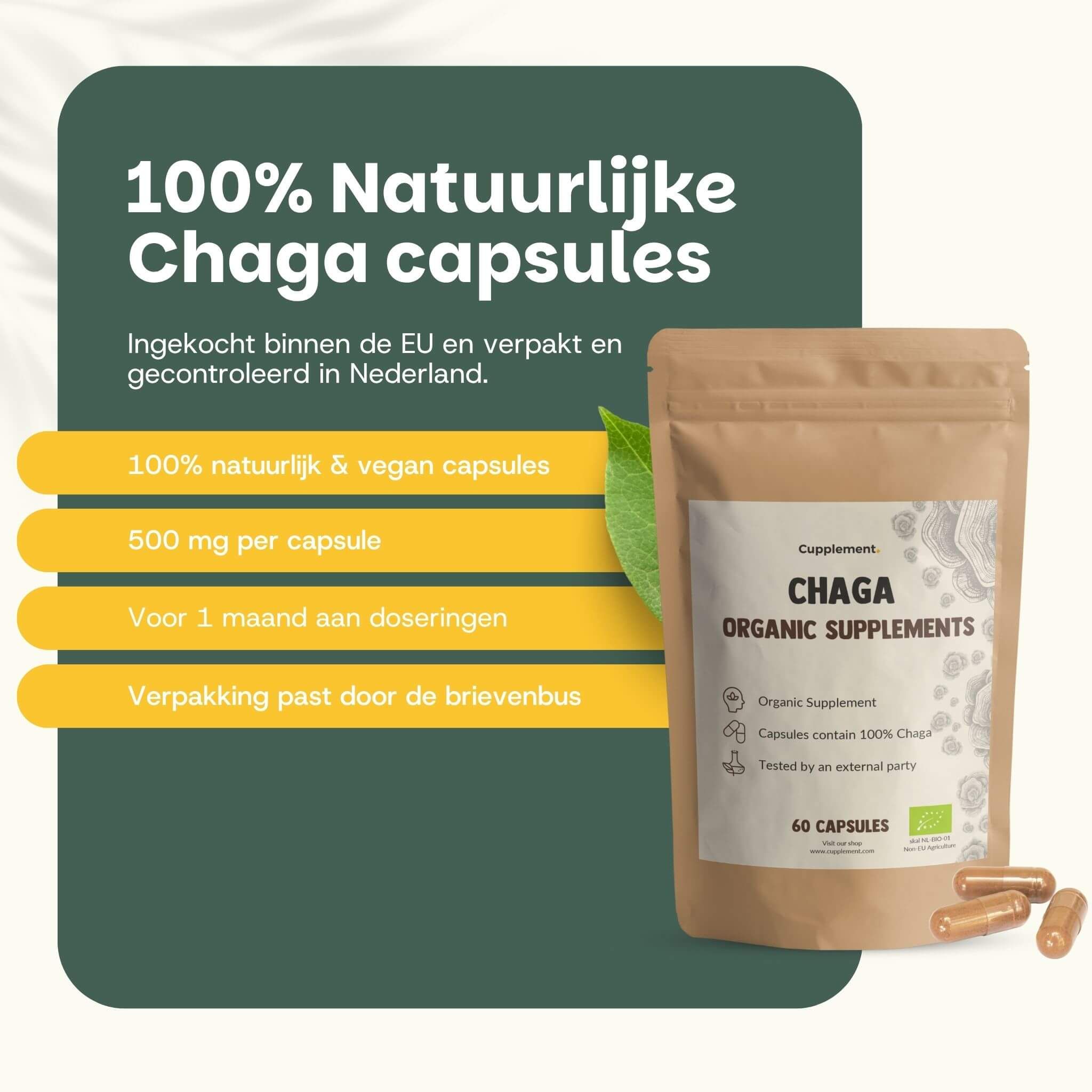 Zakje Cupplement Chaga 500 mg BIO en capsules. Klantbeoordeling 4,7/5. Citaten van klanten.