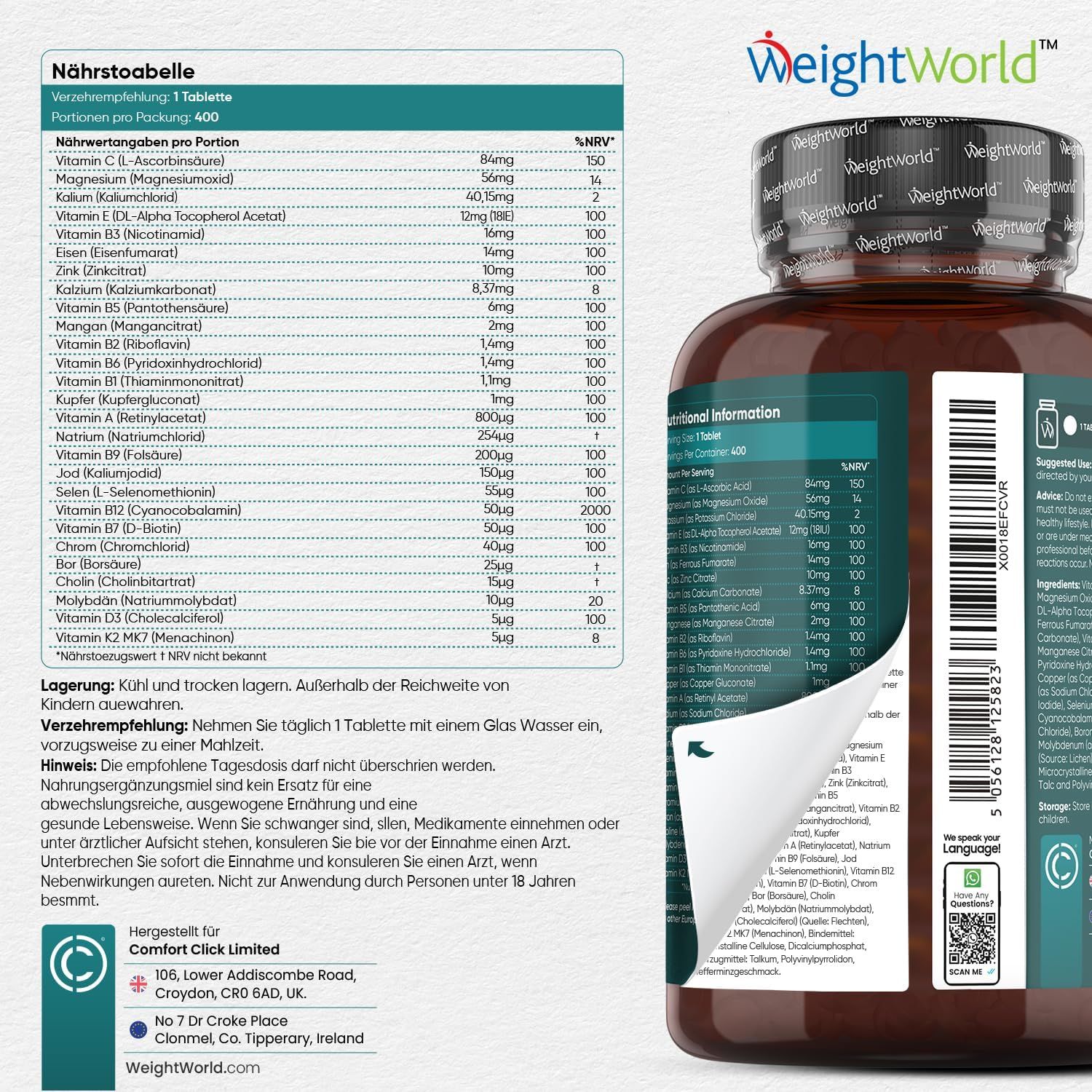 Bouteille de Multivitamines et Minéraux avec étiquette ouverte montrant les informations nutritionnelles.