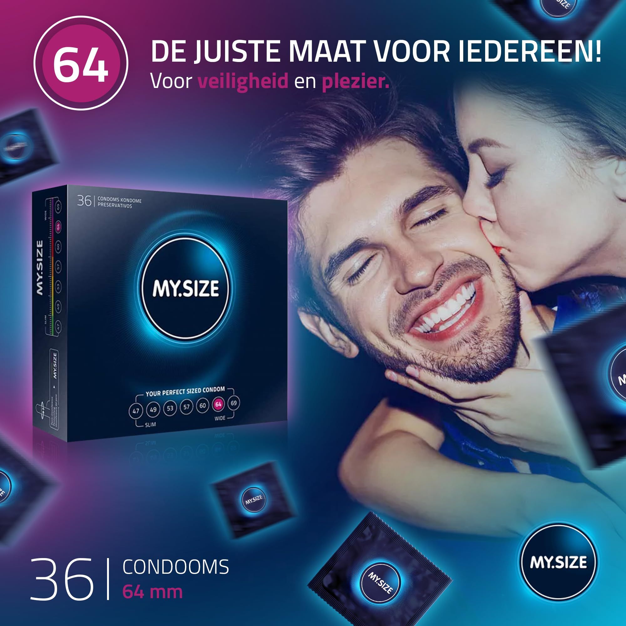 Doos met 36 MY.SIZE 64 condooms. Toont maten 47-69.