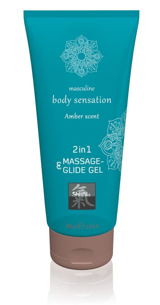 Turquoise tube met 2-in-1 massage- en glijgel, ambergeur, met mandala-patroon en tekens.