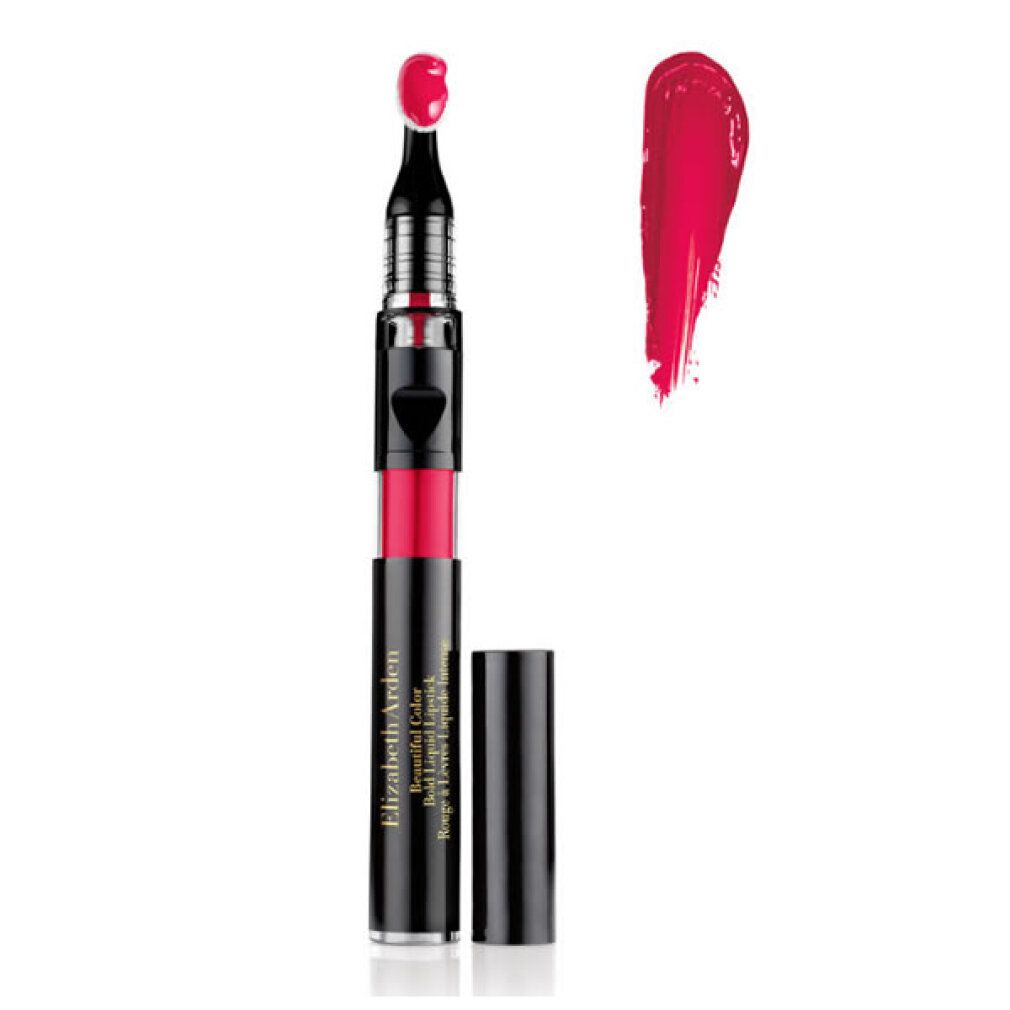 Elizabeth Arden liquid lipstick in felroze met applicator en kleurstaal.