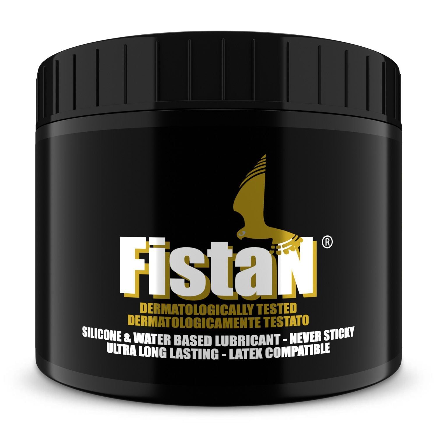 Zwarte container met Fistan logo. Dermatologisch getest, watergedragen glijmiddel.