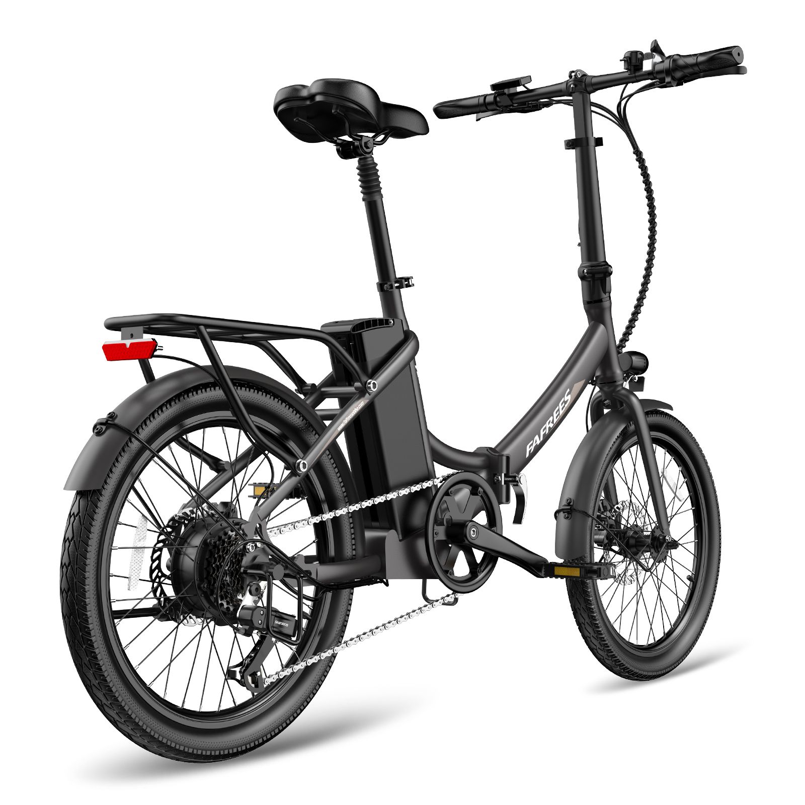 Zwarte opvouwbare e-bike met bagagerek, achterlicht en accu. Merk FAFREES.