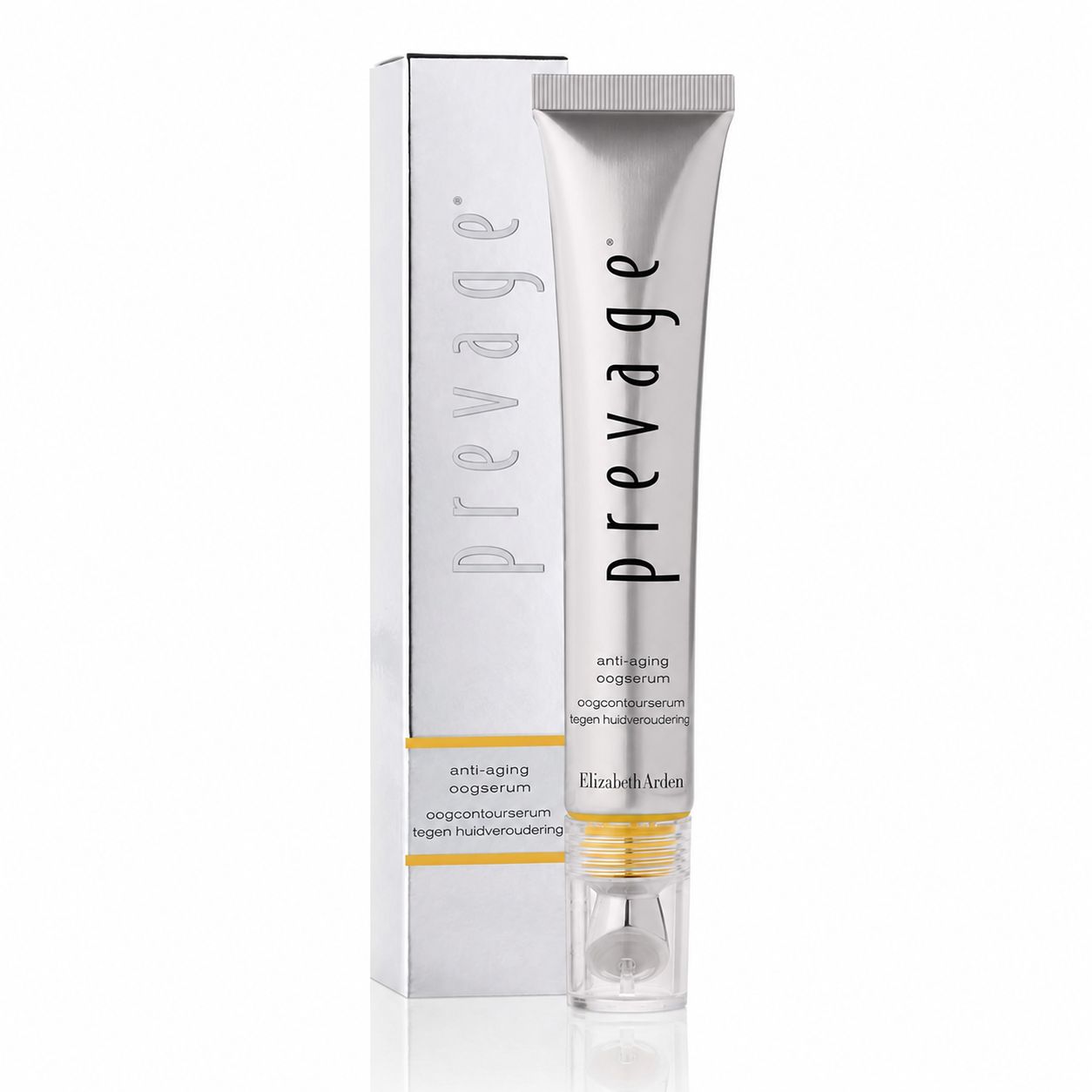 Zilveren tube met Prevage anti-aging oogserum en applicator. Doos ernaast.