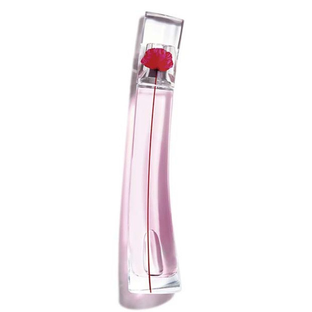 Flacon de parfum avec fleur rouge et liquide rose. Le flacon est légèrement incurvé et possède un bouchon transparent.