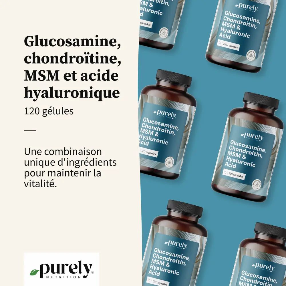 Plusieurs flacons avec : Glucosamine, Chondroïtine, MSM & Acide hyaluronique. 120 gélules. Texte : Combinaison unique.