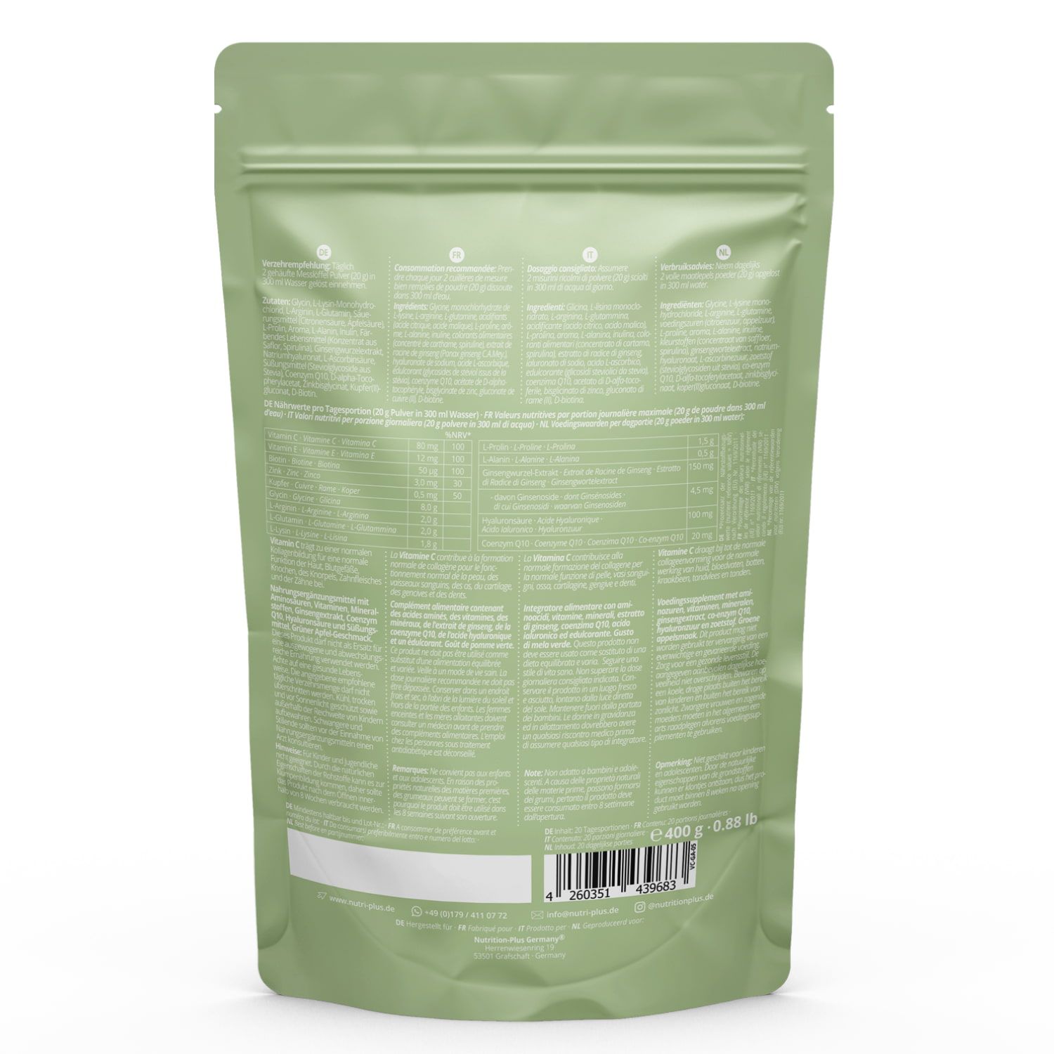 Achterkant van een groen zakje. Tekst: voedingswaarde, ingrediënten, fabrikant informatie, barcode.