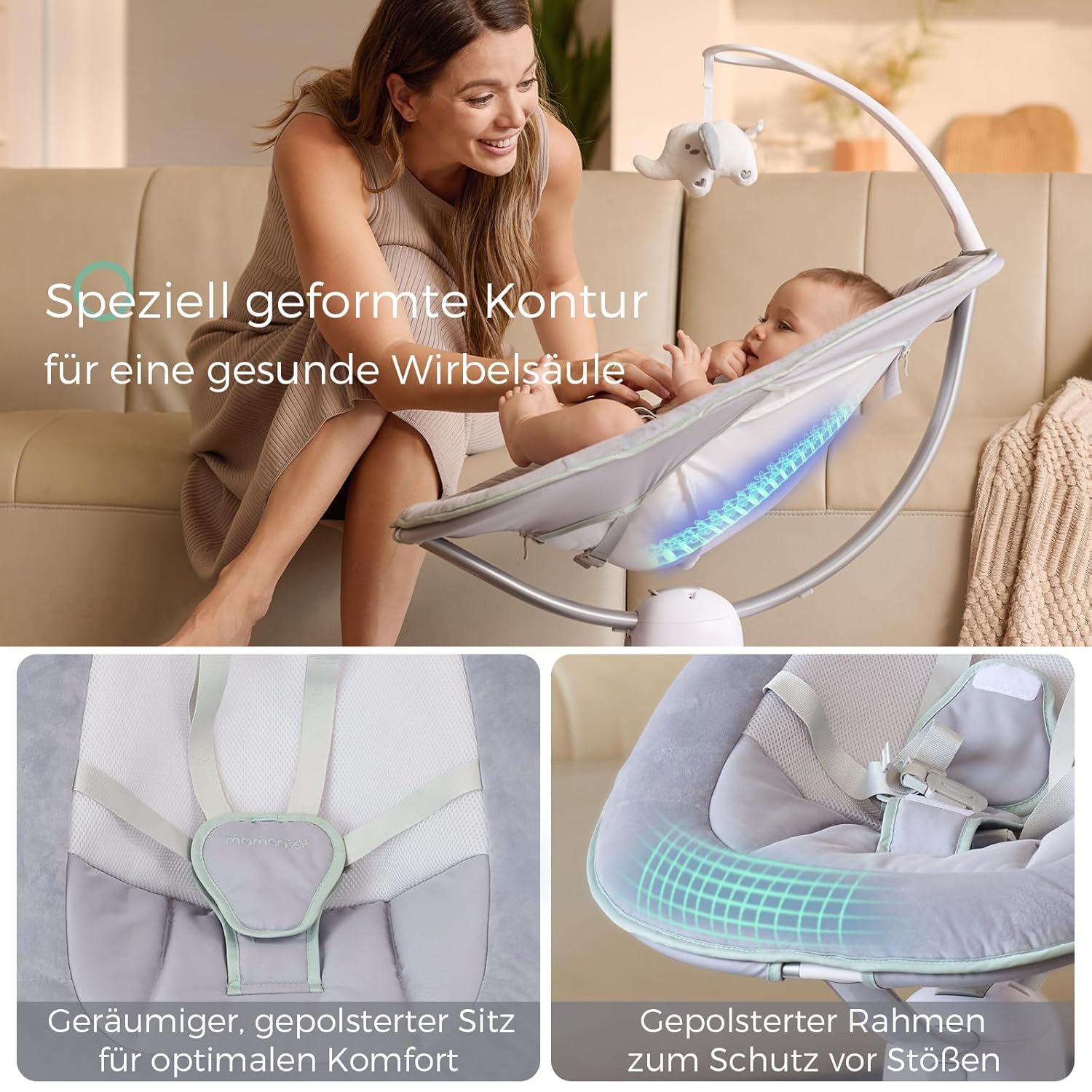 Babywipper met gestoffeerde zitting en gestoffeerd frame.