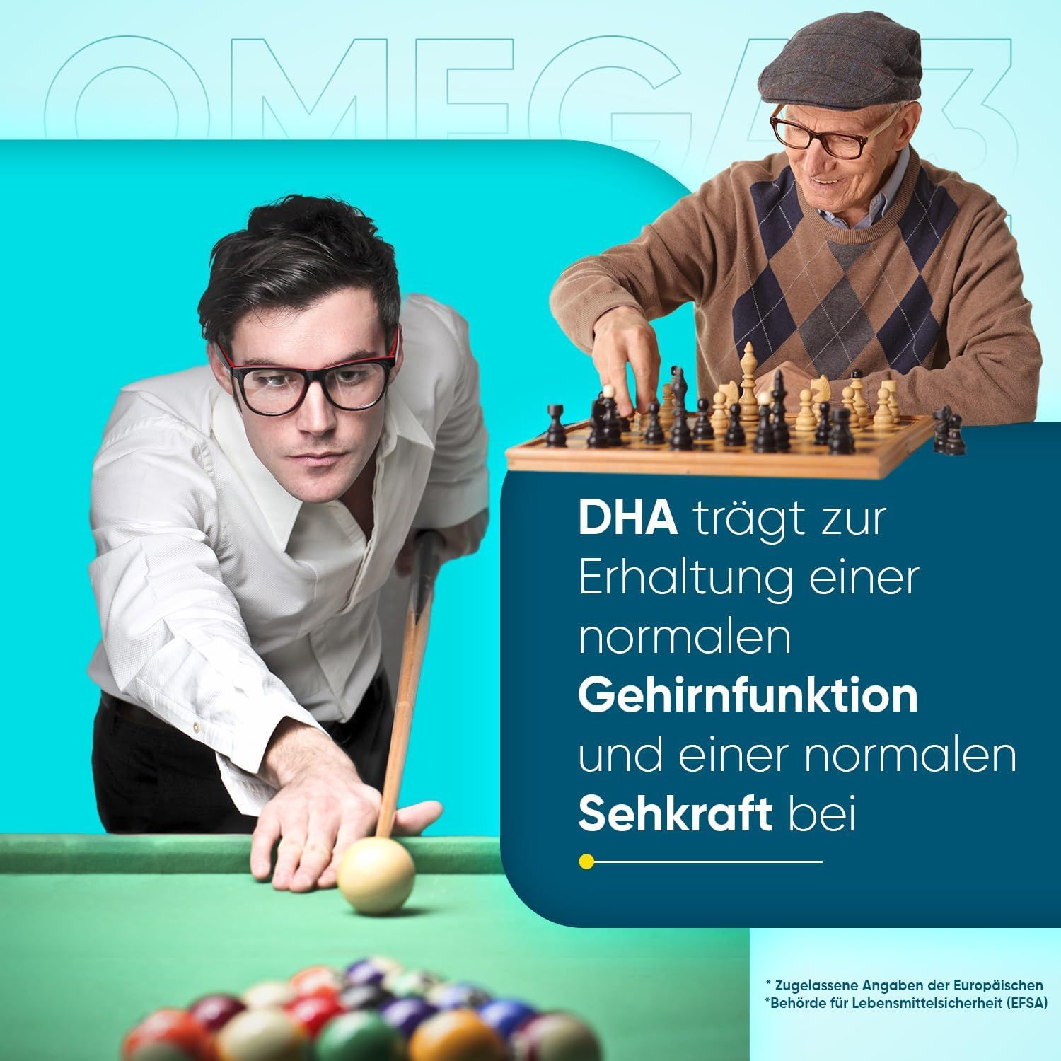 Man speelt biljart en schaak. Tekst: DHA voor hersenfunctie en gezichtsvermogen. Visoliecapsules.