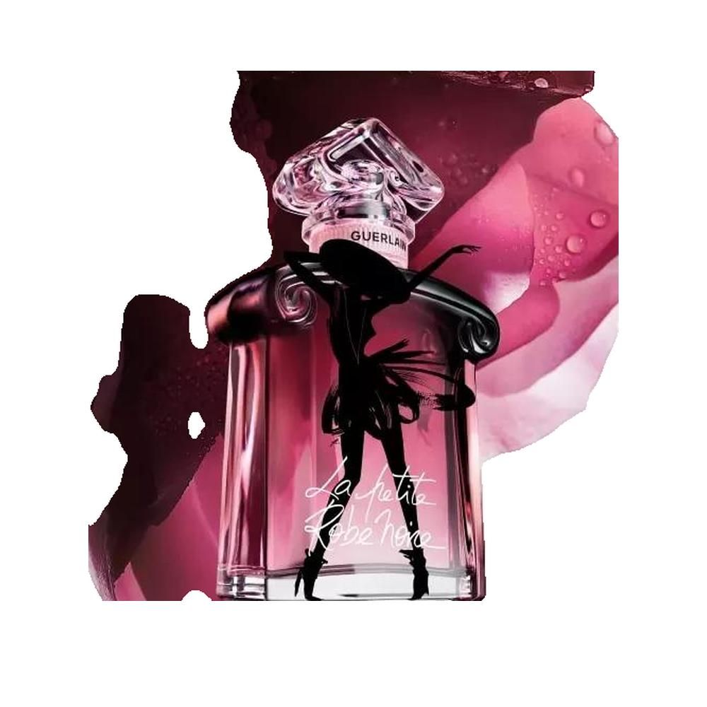 Guerlain La Petite Robe Noire Eau de Parfum. Fles met zwart silhouet. Roze vloeistof. Glazen dop. Guerlain-logo.
