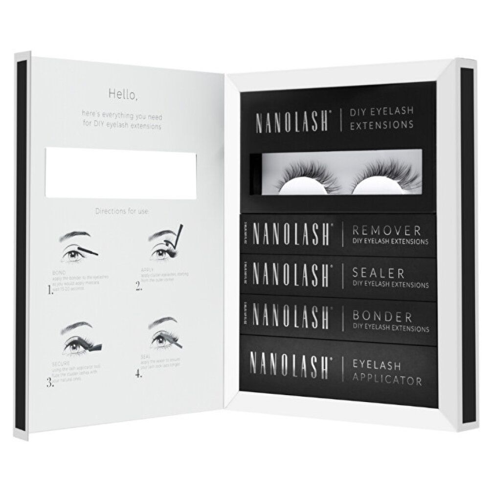 Kit d'extensions de cils DIY avec cils, dissolvant, scellant, liant et applicateur. Instructions sur la gauche.