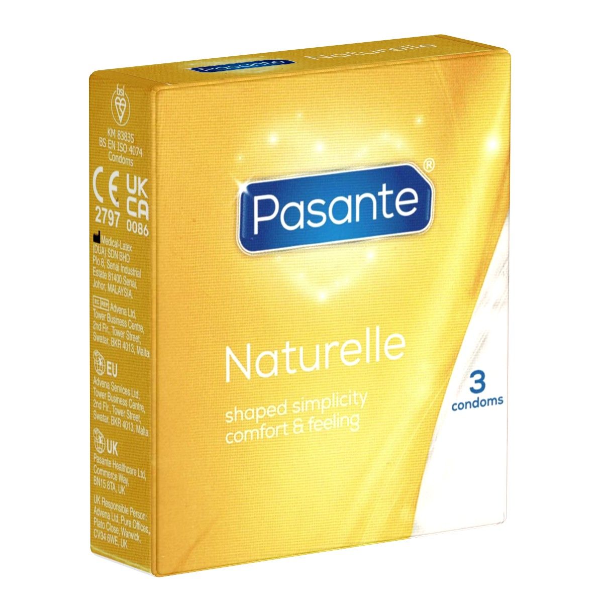 Boîte jaune de préservatifs Pasante Naturelle. Contient 3 préservatifs. Inscription : shaped simplicity, comfort & feeling.