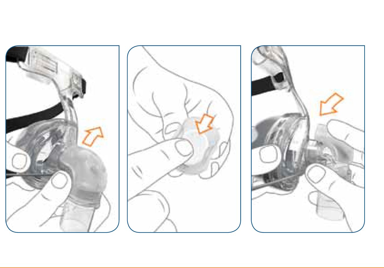 Instructions : Fixation du diffuseur au masque nasal. Mains montrant l'assemblage.