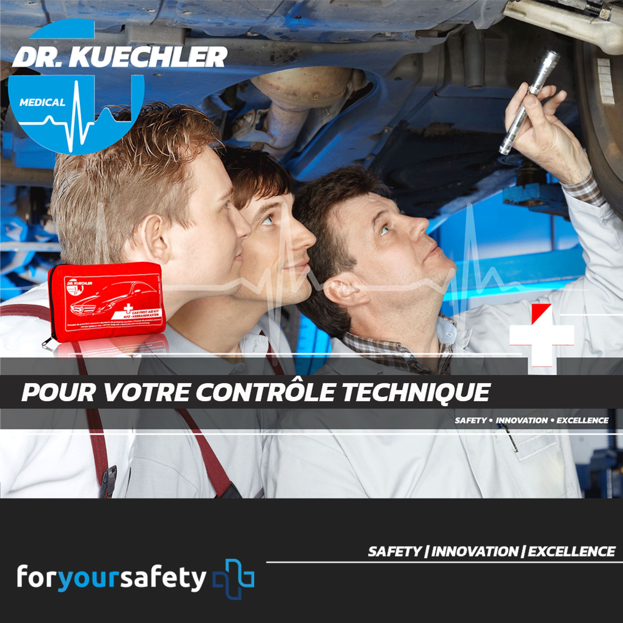 Mécaniciens regardent sous une voiture. Trousse de premiers secours rouge. Marque: Dr. Kuechler Medical. Texte: Pour votre contrôle technique.