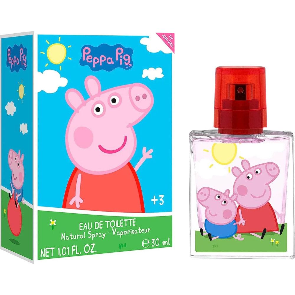Flacon d'Eau de Toilette Peppa Pig et emballage. Vaporisateur rouge, 30 ml. Impression Peppa Pig et famille.