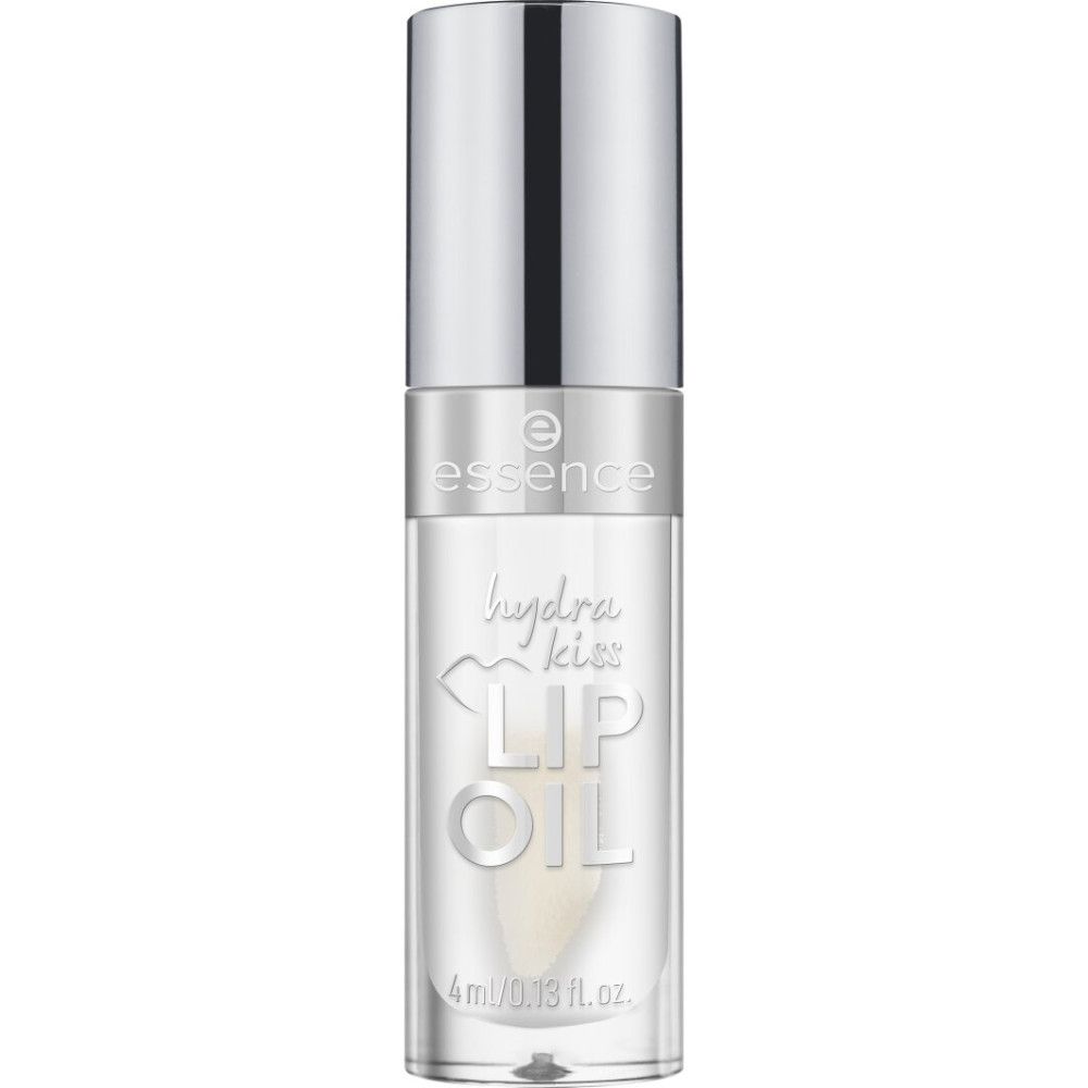 Transparante lipglossfles met zilveren dop. Opschrift: Hydra Kiss Lip Oil. 4ml/0.13 fl.oz.