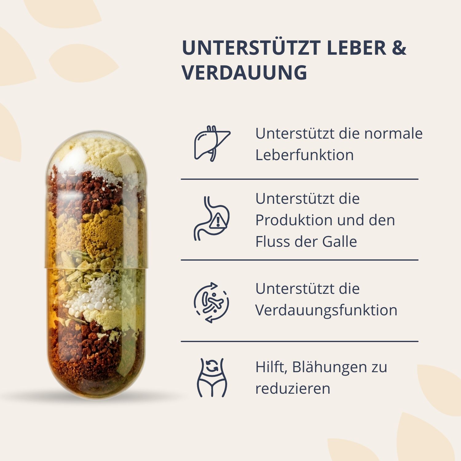 Vue détaillée d'une capsule Golden Tree Pure Cleanse avec symboles de soutien hépatique et digestif.