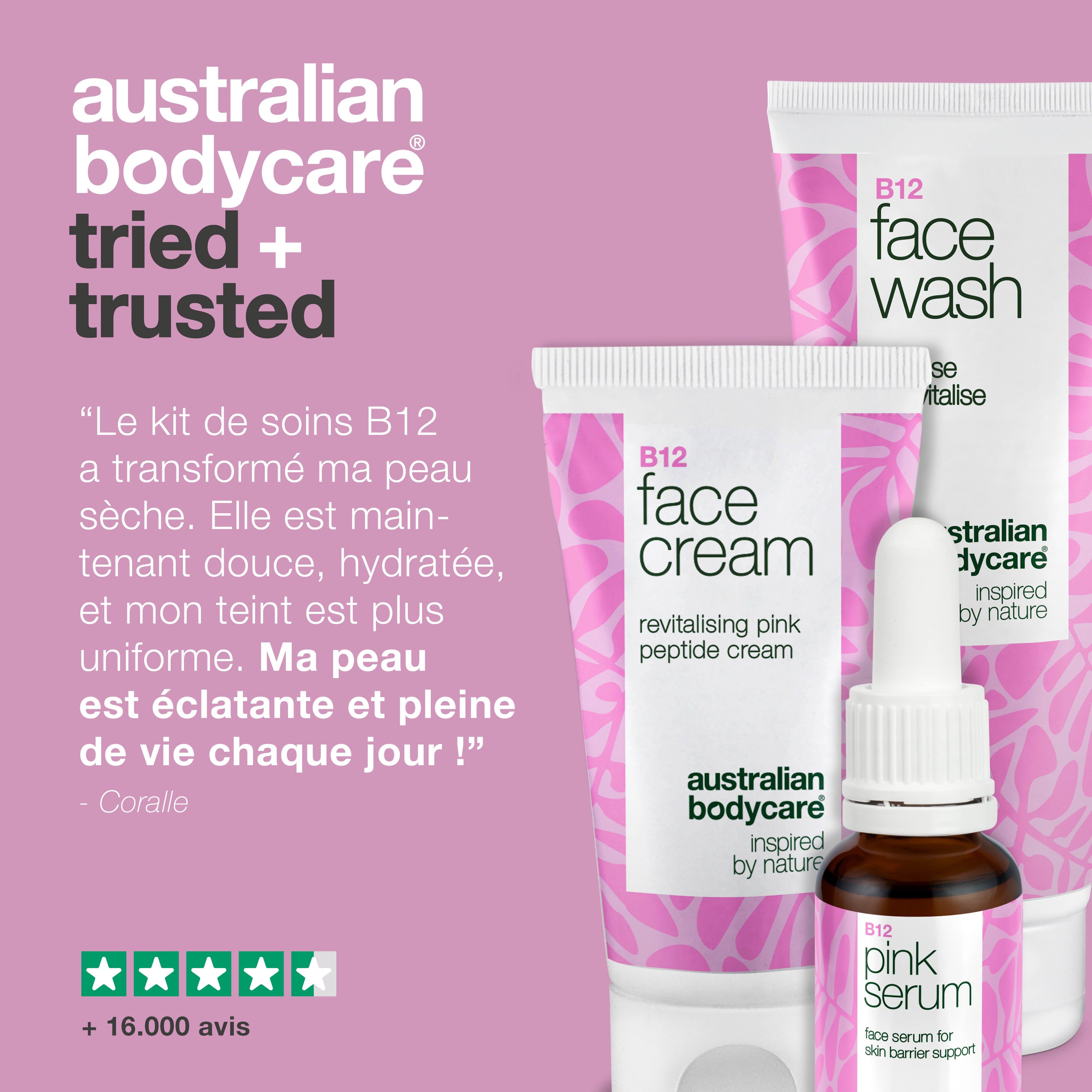 Ensemble de produits avec Face Wash, crème et sérum. Texte: Testé et approuvé. Marque: Australian Bodycare. Avis.