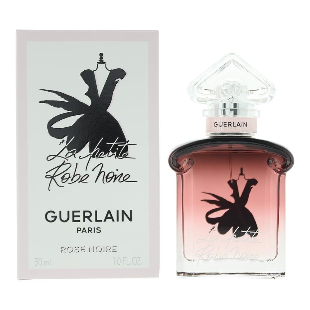 Guerlain La Petite Robe Noire Eau de Parfum. Fles en verpakking. Roze vloeistof. Zwart silhouet. Guerlain-logo.