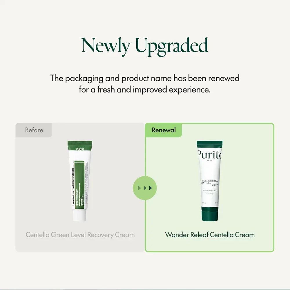 Comparaison de deux tubes de crème. Gauche : Centella Green Level Recovery Cream. Droite : Wonder Releaf Centella Cream.