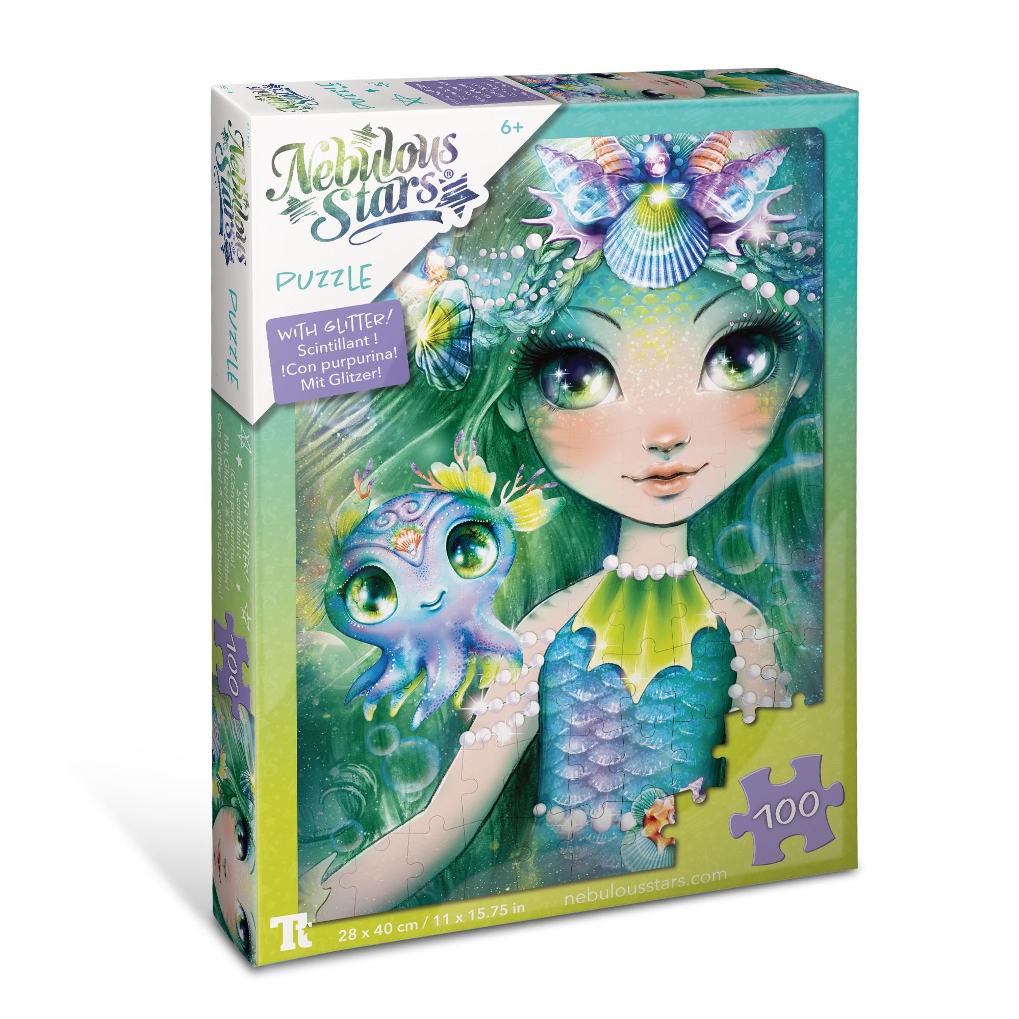 Boîte de puzzle avec illustration de sirène. Contient 100 pièces. Marque : Nebulous Stars. Avec paillettes.