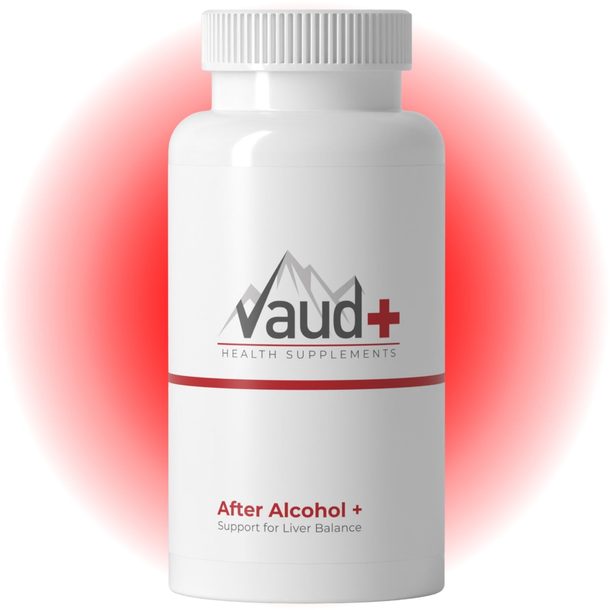 Witte fles met schroefdop. Opschrift: Vaud+, After Alcohol+. Rode achtergrond.