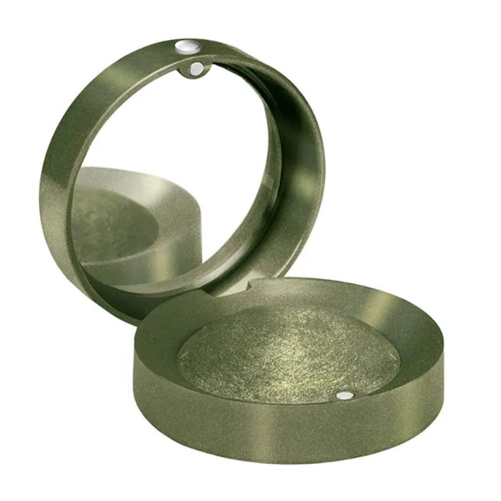 Ronde groene oogschaduwdoos met spiegel. Open, oogschaduw zichtbaar. Kleine, ronde doos met spiegel.