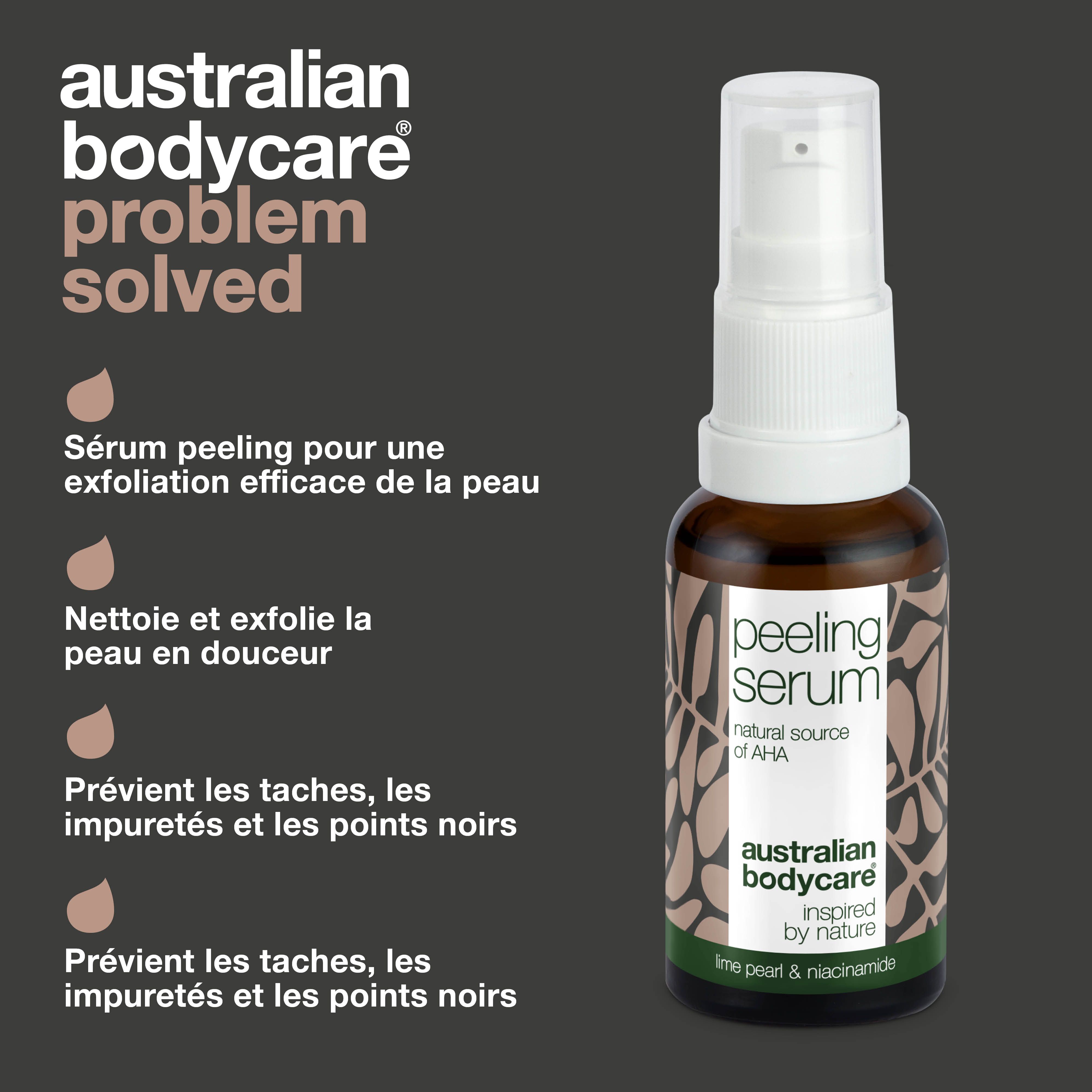 Flacon de sérum peeling. Texte : ingrédients naturels, nettoie et exfolie, exfoliation douce, teint uniforme.