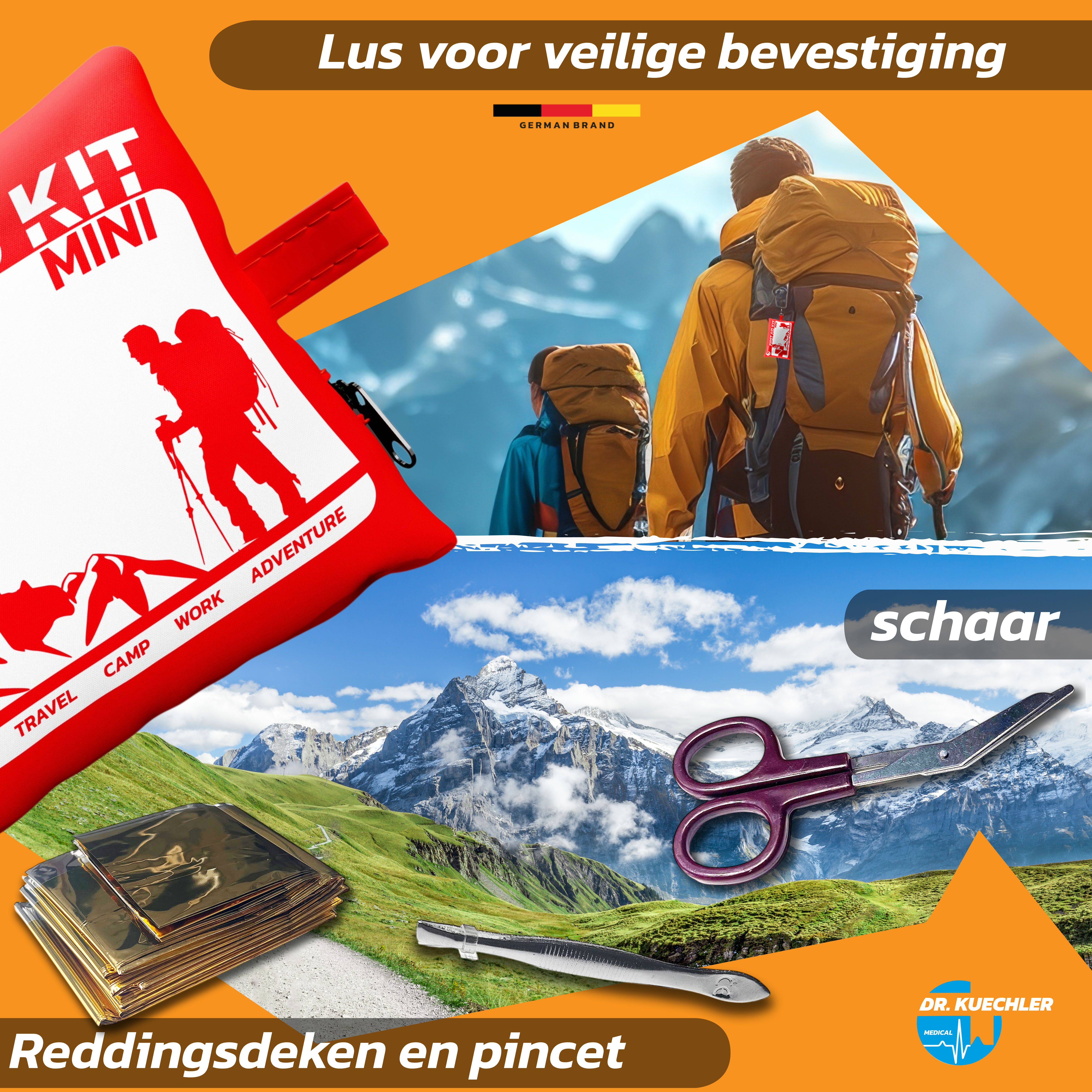 Rode EHBO-kit met lus. Bevat schaar, reddingsdeken en pincet. Berglandschap op de achtergrond.