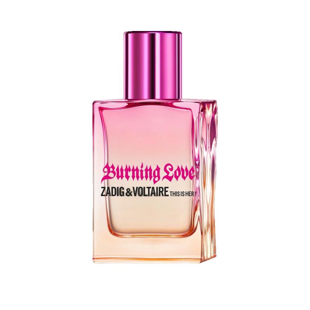 Roze verlopende fles. Opschrift: Burning Love, Zadig & Voltaire, THIS IS HER!. Roze dop.