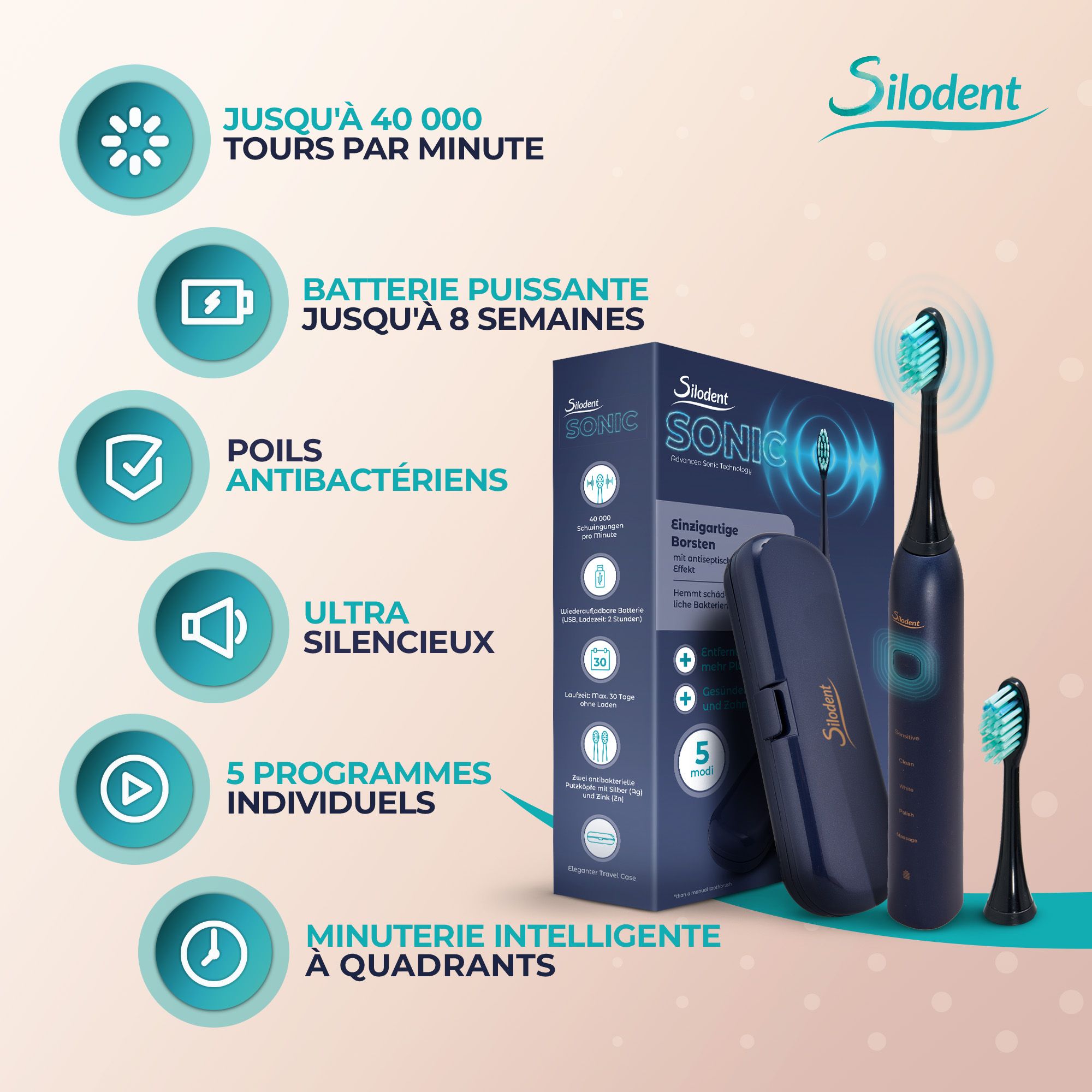 Brosse à dents sonique Silodent Bleu Nuit: 40.000 tr/min, batterie 8 semaines, poils antibactériens, 5 programmes.