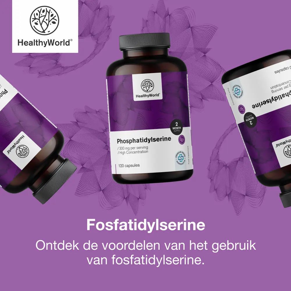 Drie flessen fosfatidylserine op paarse achtergrond. Tekst: "Verminder de effecten van stress".