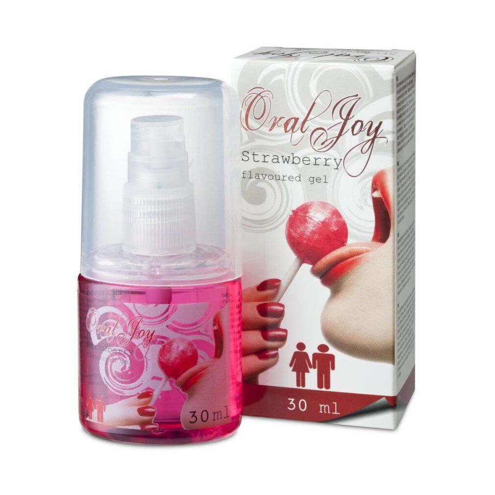 Oral Joy Aardbeien-gel, 30ml flesje met pompdispenser en verpakking.
