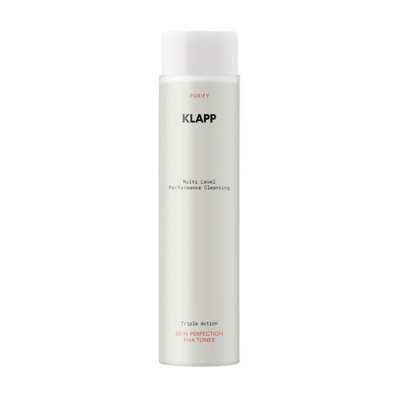 Cilindrische fles met witte dop. Opschrift: KLAPP, Multi Level Performance Cleansing, Skin Perfection PHA Toner.