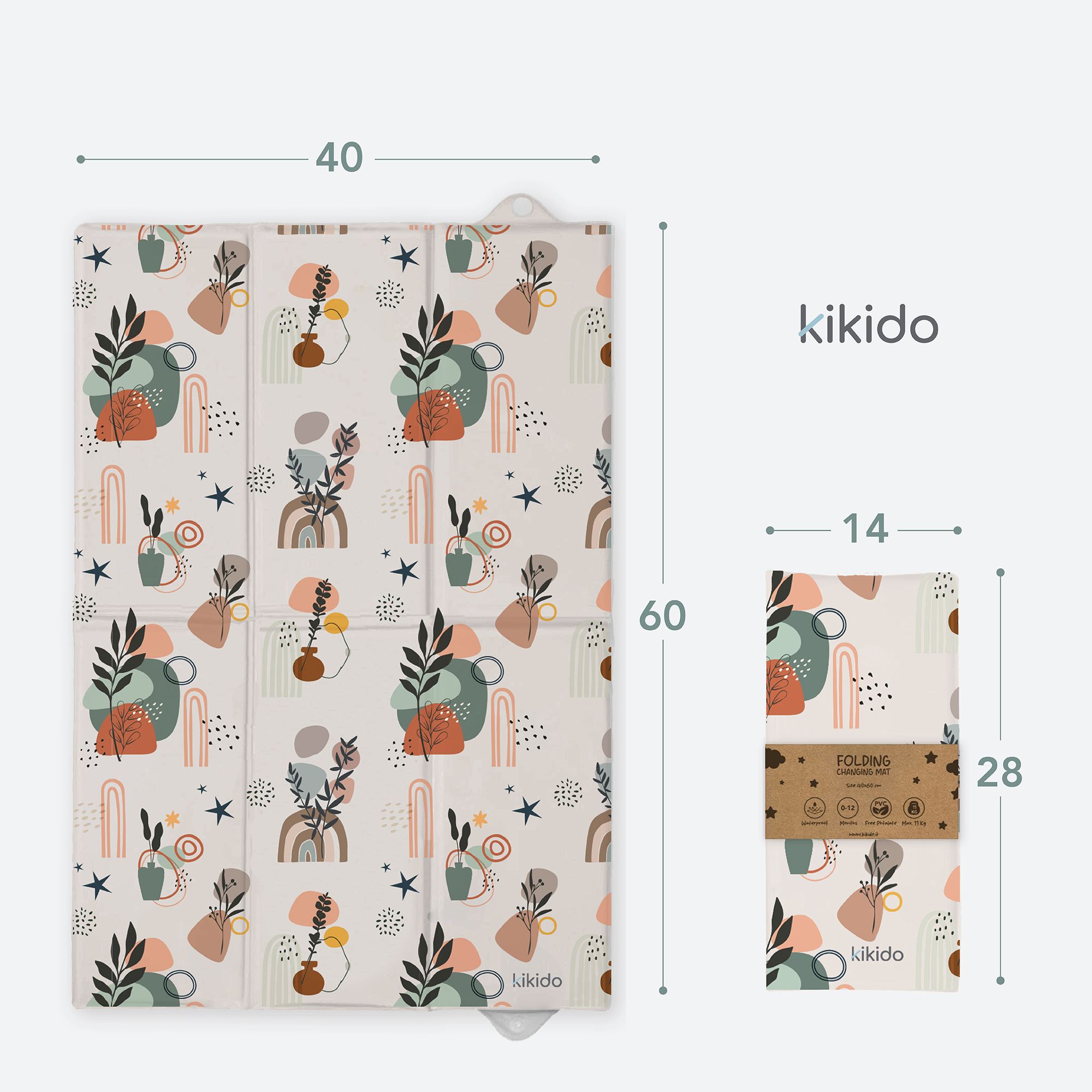 Matelas à langer plié et déplié. Beige avec motif floral. Marque : Kikido. Ouvert : 40x60cm. Plié : 14x28cm. Dimensions.