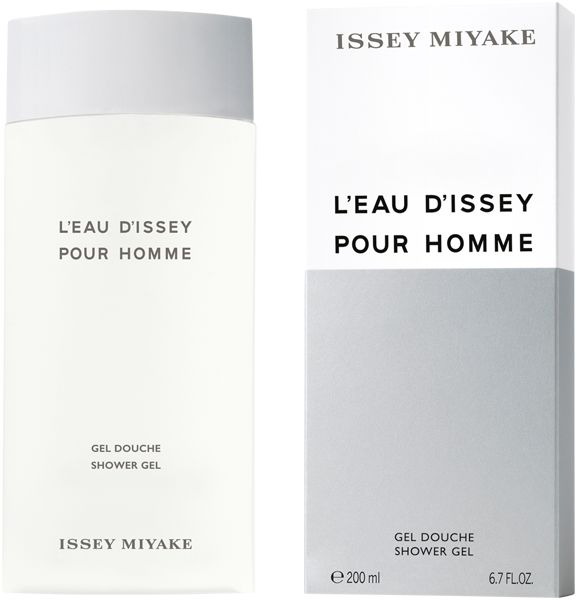 Issey Miyake douchegel fles en verpakking. Witte fles met witte dop. Tekst: L'EAU D'ISSEY POUR HOMME, GEL DOUCHE SHOWER GEL. Verpakking met tekst.