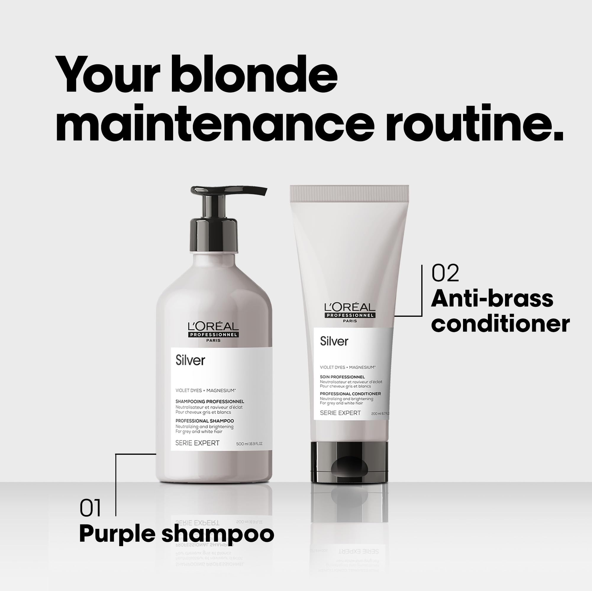 Twee producten: L'Oréal Silver shampoo en anti-gele conditioner. Beide in zilveren flessen en tubes.