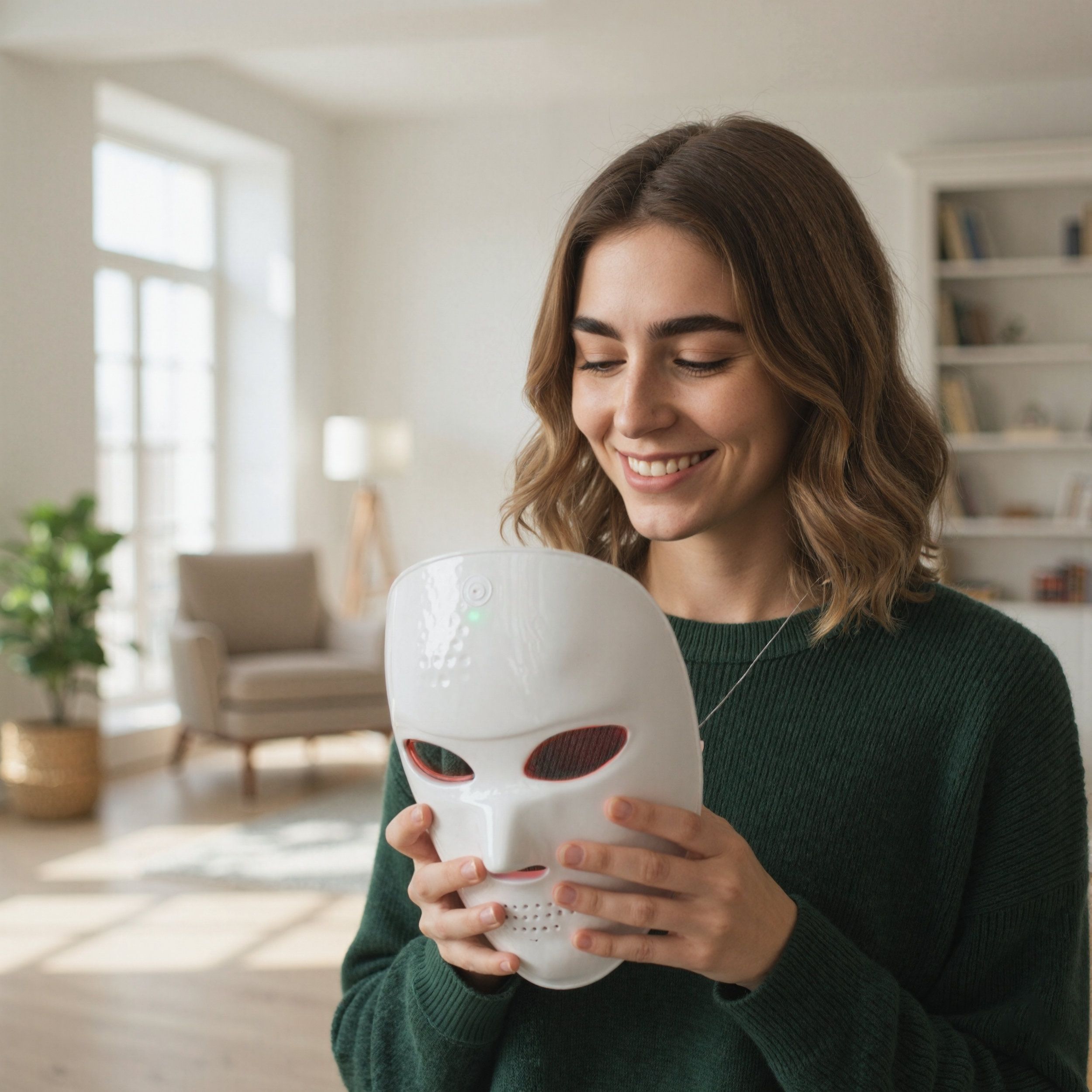 Wit LED-gezichtsmasker, vastgehouden door een vrouw. Honingraatoppervlak, openingen voor ogen, neus en mond.