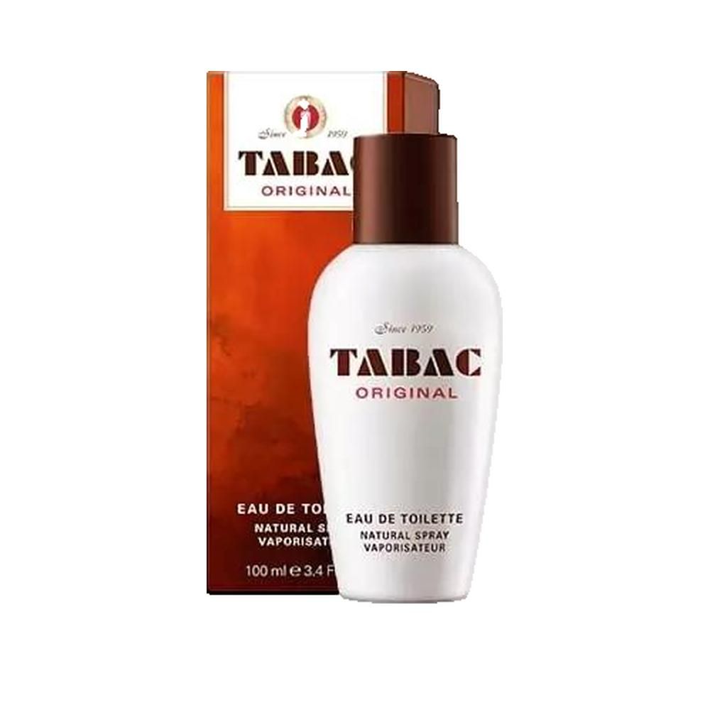 Tabac Original Eau de Toilette. Witte fles met bruine dop en verpakking. Tekst: Tabac Original, Eau de Toilette.