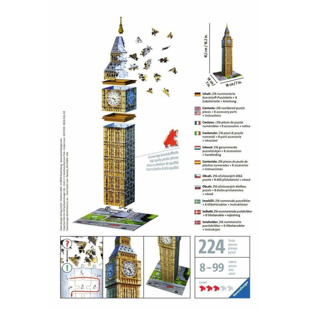 Exploded view van de 3D-puzzel Big Ben. Onderdelen, instructies, afgewerkt model. 224 stukjes, 8-99 jaar.