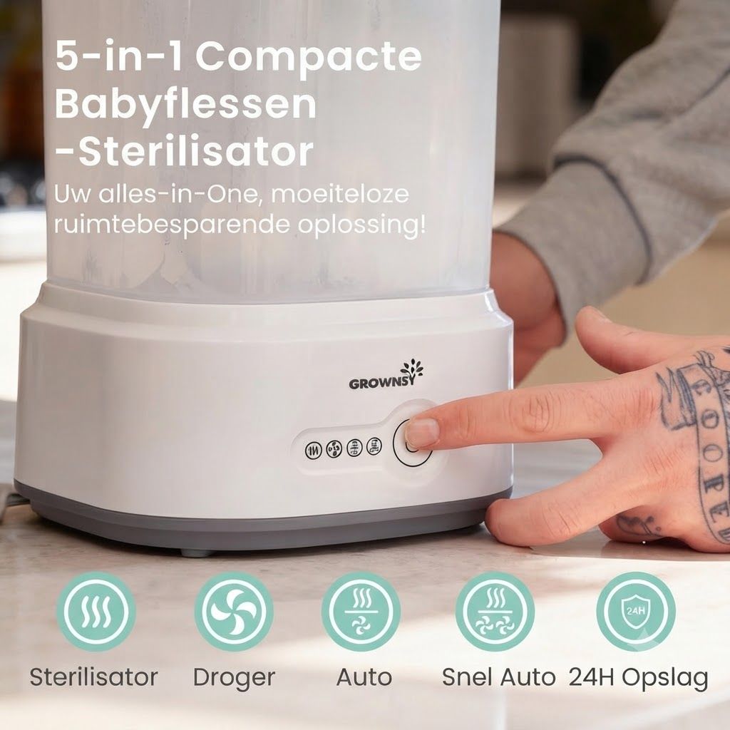 Witte babyfles-sterilisator met bedieningselementen en iconen voor sterilisatie, drogen en auto-modi.