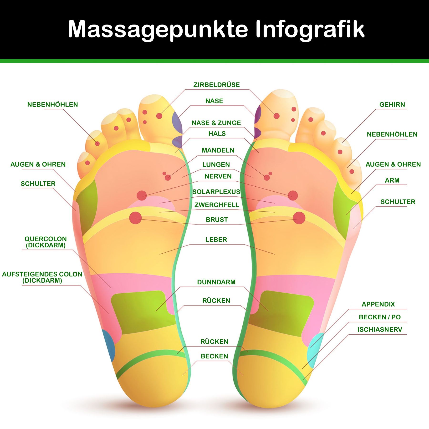 Voetreflexologiekaart. Gekleurde weergave van voetzolen met ingetekende reflexzones en organen. Opschriften in het Duits.