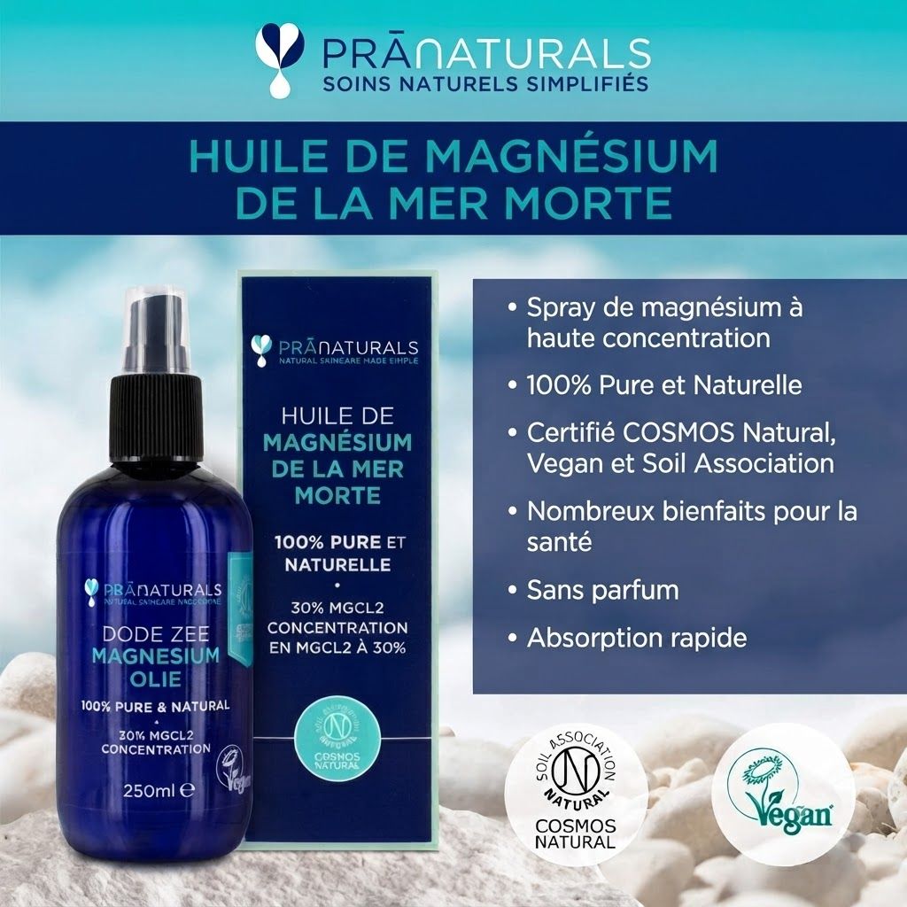 Flacon spray bleu foncé et boîte avec "Huile de Magnésium de la Mer Morte" et certifications.