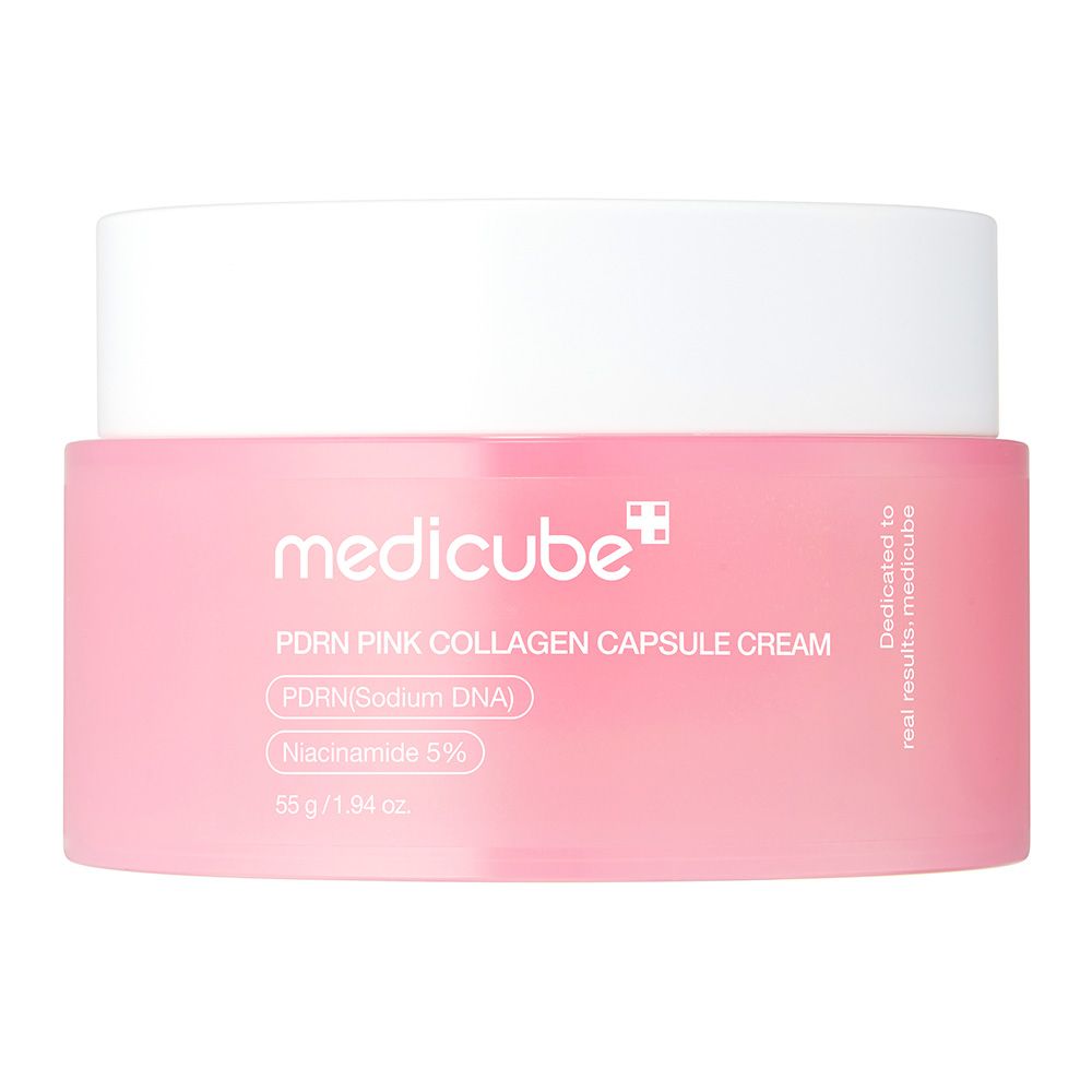 Medicube PDRN Pink Collagen Capsule Cream in een roze pot met wit deksel. Bevat 55g.