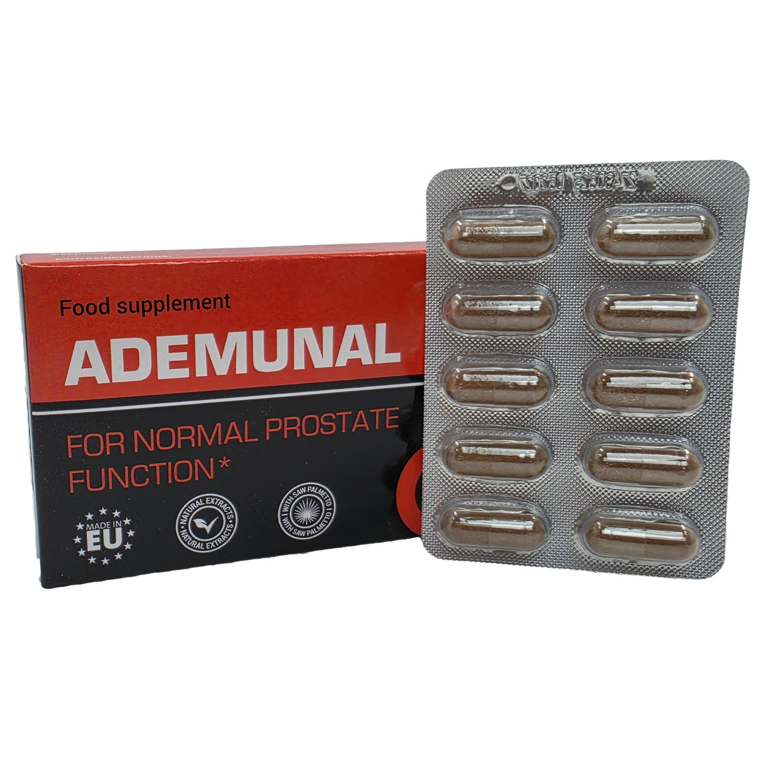 Doos en blisterverpakking met capsules. Opschrift: ADEMUNAL, FOR NORMAL PROSTATE FUNCTION. Blister bevat 10 capsules.