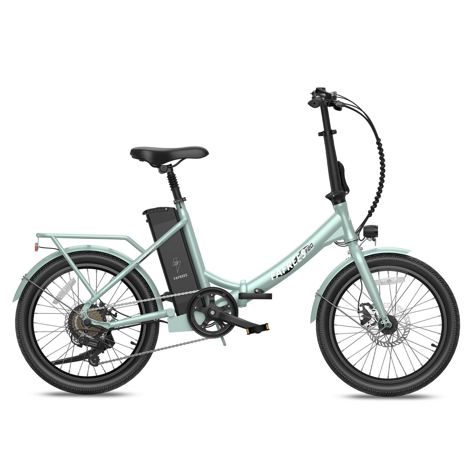 Vélo électrique Fafrees F20 vert clair. Pneus, selle et guidon noirs. Batterie sur le cadre. Porte-bagages arrière.