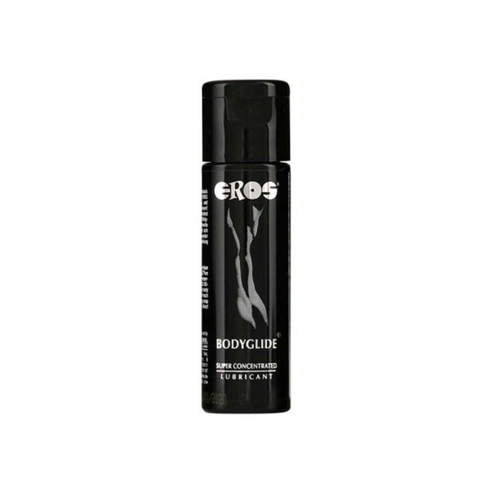 Flacon noir avec bouchon noir. Inscription: EROS, BODYGLIDE, SUPER CONCENTRATED LUBRICANT. Illustration d'une femme.