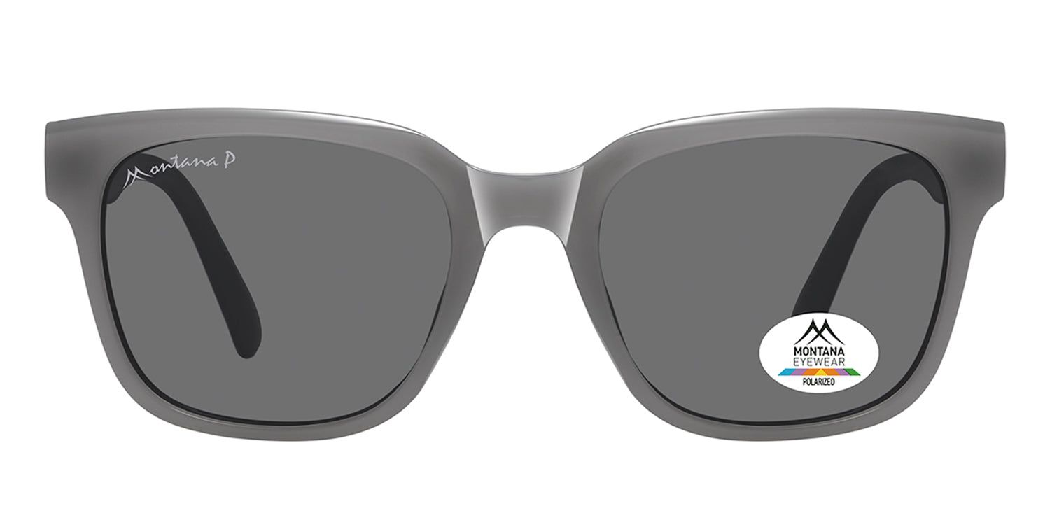 Lunettes de soleil grises avec verres foncés. Un autocollant avec logo et 'POLARIZED' est visible sur un verre. Le nom de la marque est sur la branche gauche.