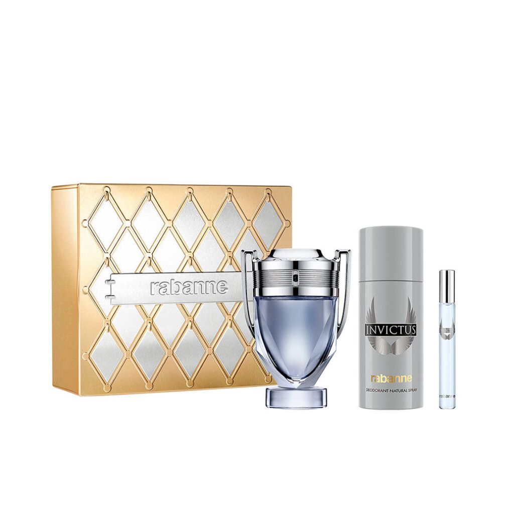 Coffret cadeau Rabanne Invictus : Eau de Toilette, déodorant et vaporisateur. Boîte cadeau dorée à motif losanges.