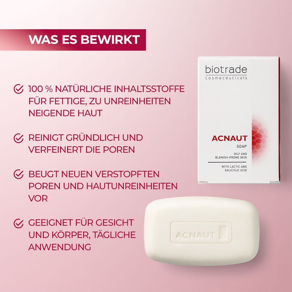 Savon et emballage. Texte : Biotrade, Acnaut Soap. Caractéristiques : nettoie, affine les pores, prévient les imperfections. Pour visage et corps.
